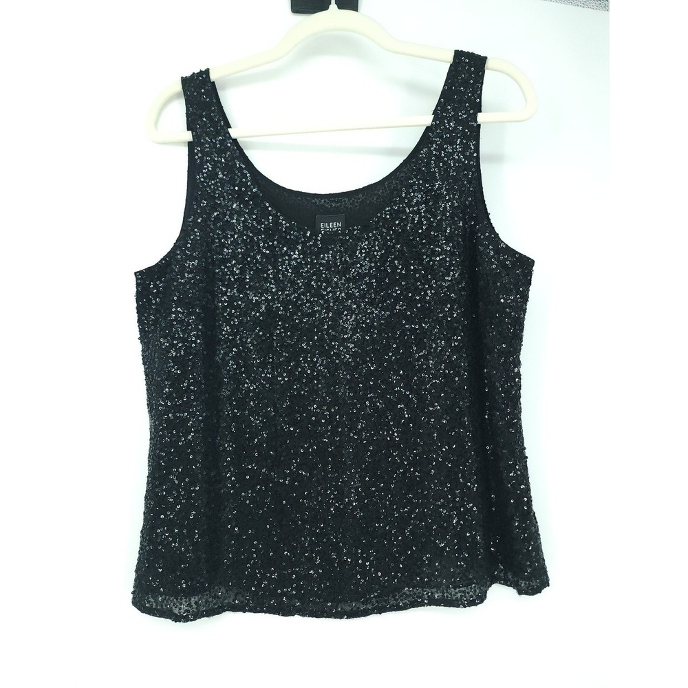 Eileen Fisher 100% Silk Sequin Tank Top Womens M Black Glam Sleeveless Blouse
